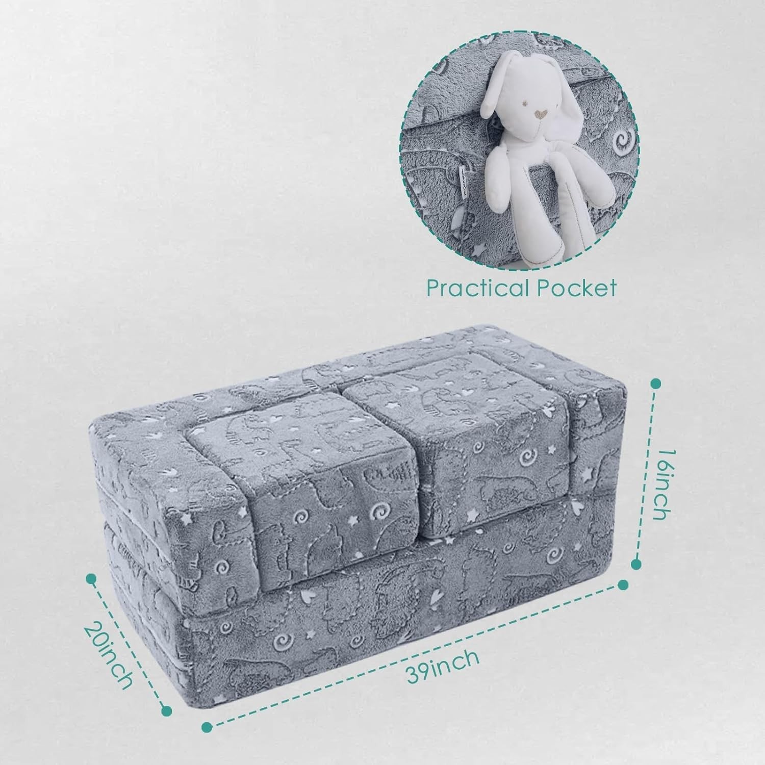 Dinosaur Glow Foam Kids Play Couch Set, Gray Modular Sofa & Lounger – Glow-Af...
