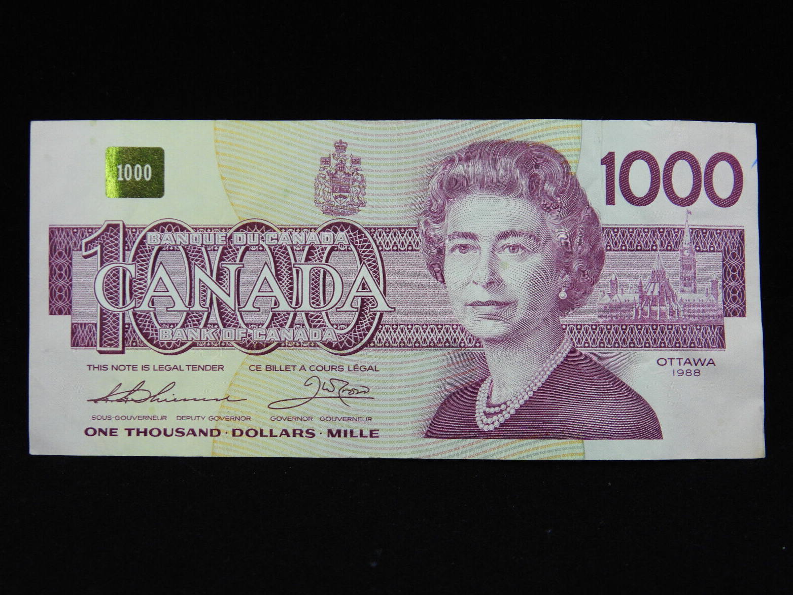 1988 $1000 Dollar Bank of Canada Banknote EKA 1193740 Thiessen Crow VF-EF Grade