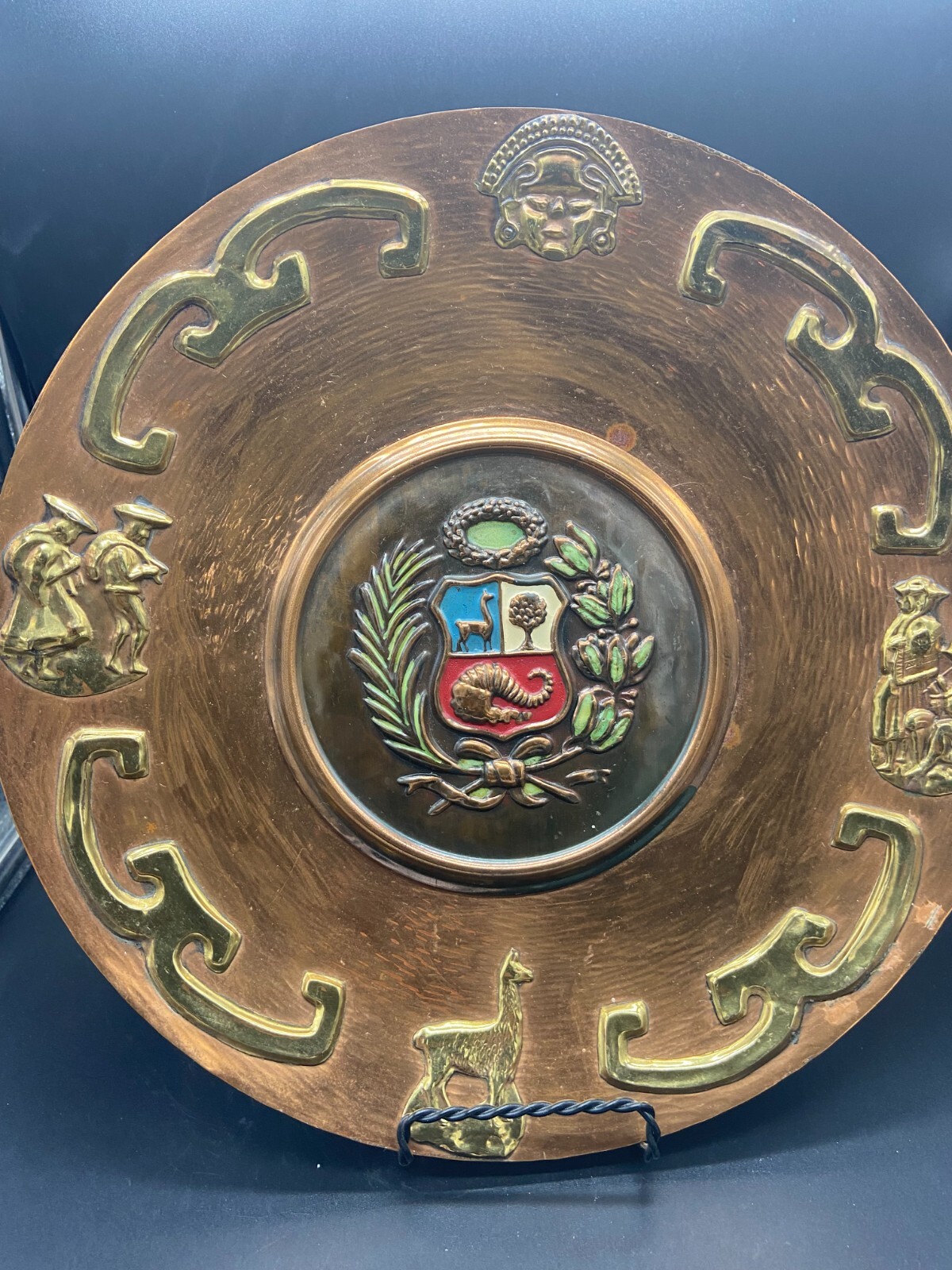 3 Peruvian Artisan Copper Decorated Colored Wall Plates