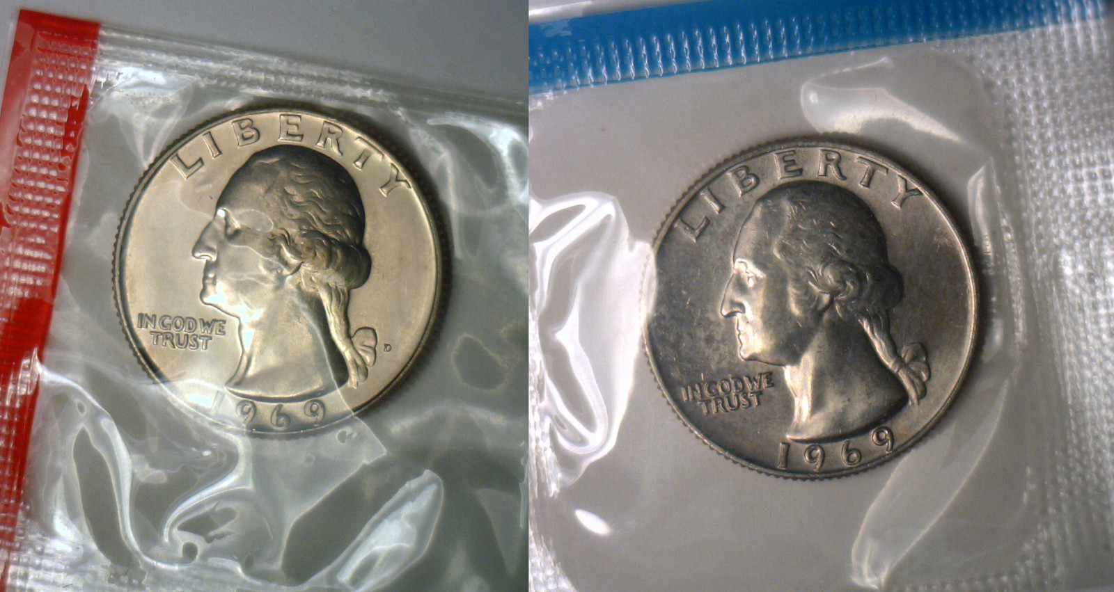 1969 P and D Washington Quarter TWO Coins from US Mint Uncirculated Set BU Cello
