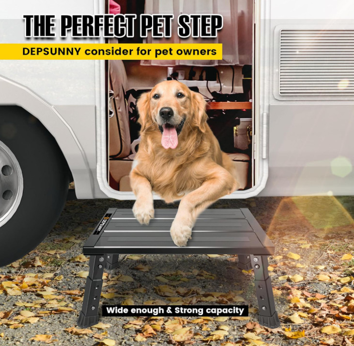 Adjustable RV Step Stool, 3-Step Height Adjustment, Foldable Legs, Wide Anti-Sli