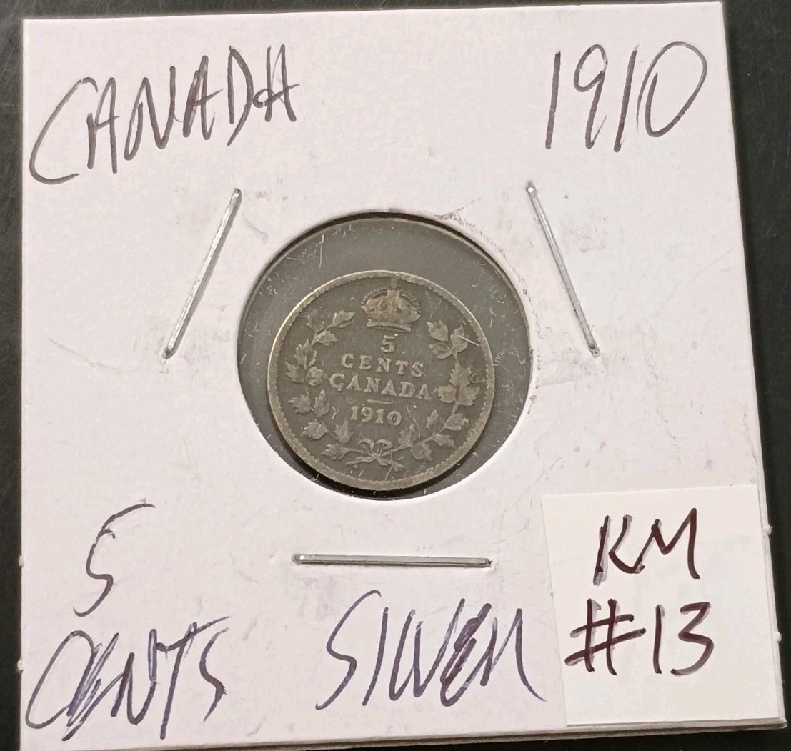 1910  Canada 5 Cents - Small  Silver Coin (KM.#13)