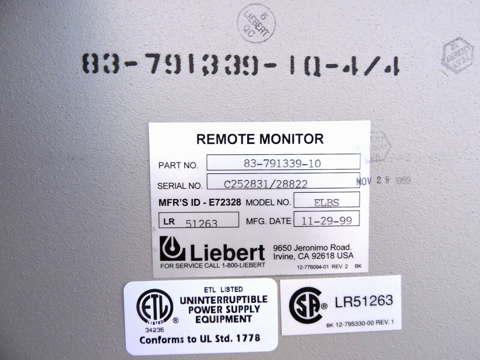 Liebert 610 UPS Extended Load Bus Synchronization Remote Panel ELBS 83-791339-10