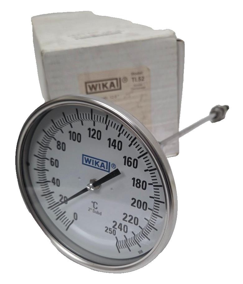 New Wika Bimetal TI.52 Thermometer, Union, 5" Dial, Adj. Angle, 250°C, 12"Length