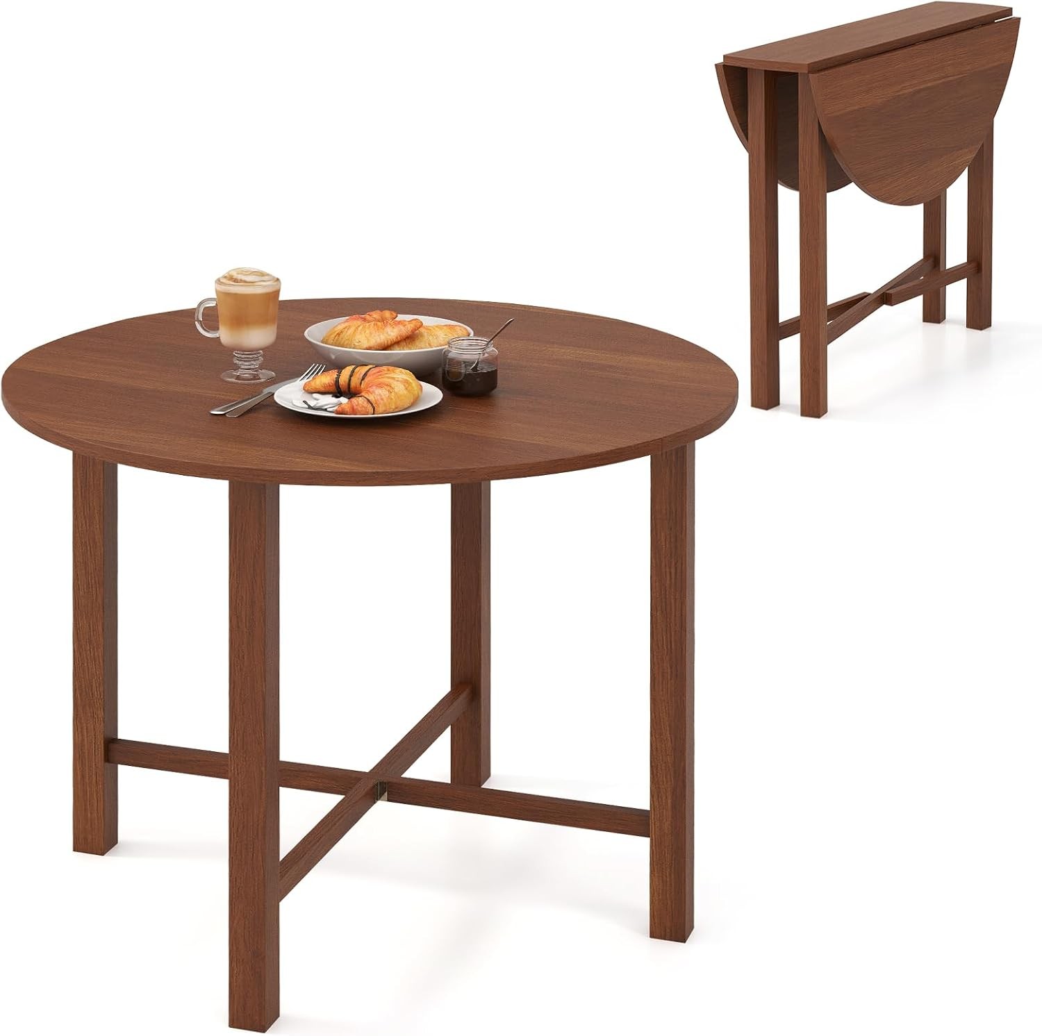 36" Foldable Round Dining Table Kitchen Table w/Solid Rubber Wood Legs Dual Drop