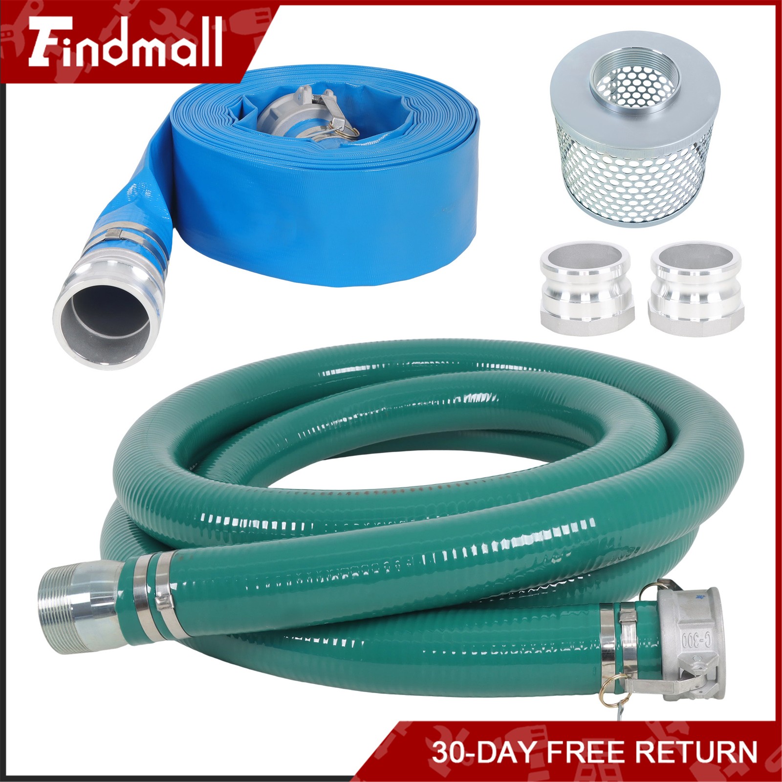 Findmall 3 inch Suction Hose Pump Kit Includes 65ft Blue Hose & 20ft Green Hose