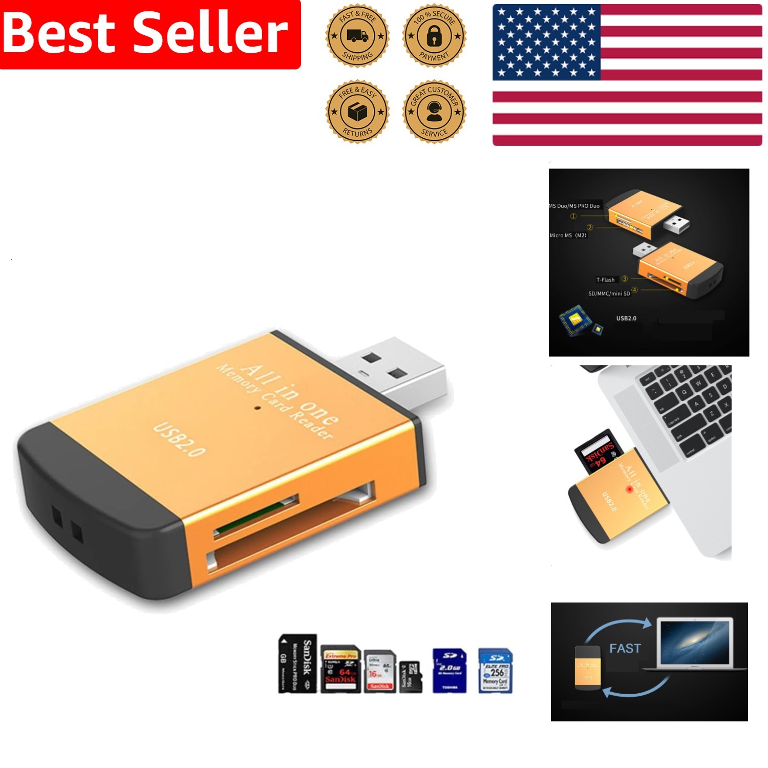 Portable 4-in-1 Card Reader USB 2.0 Gold SD MS M2 TF MMC Laptop Adapter