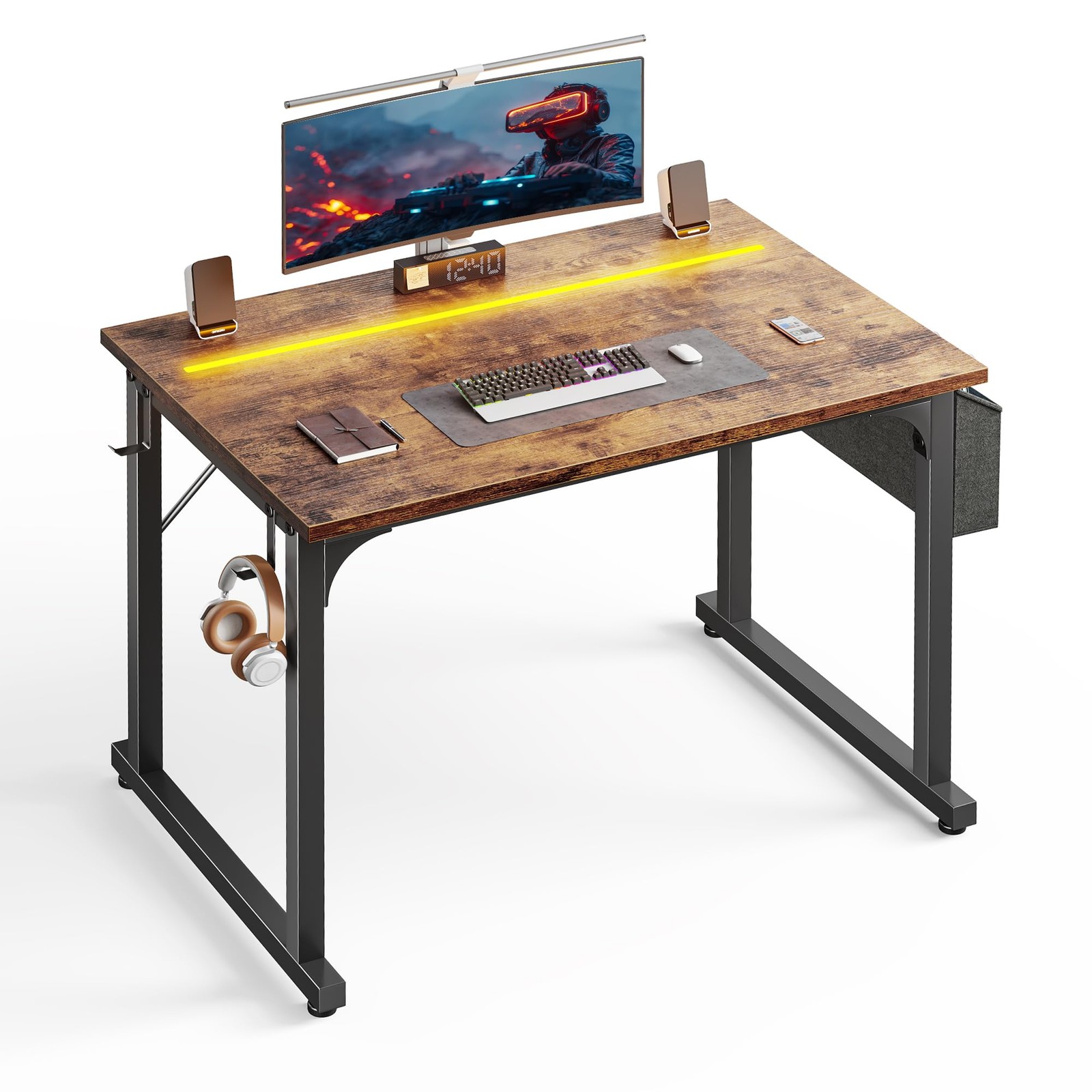 32" Computer Desk Waterproof LED Lights Headphone Hook Metal Frame Rustic Brown