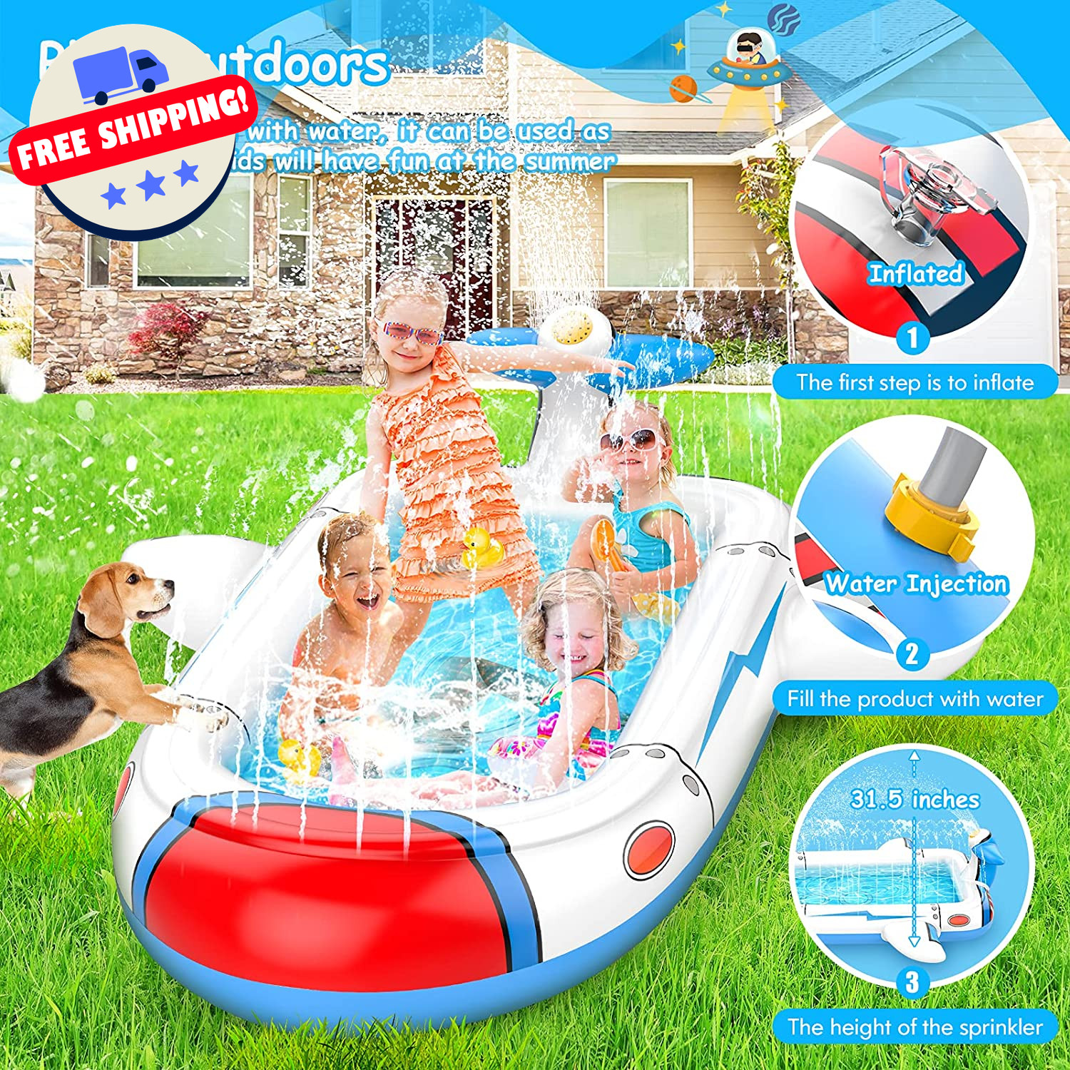 Inflatable Kiddie Pool – 68" 3-in-1 Sprinkler Splash Pad, Outdoor Backyard, Ages
