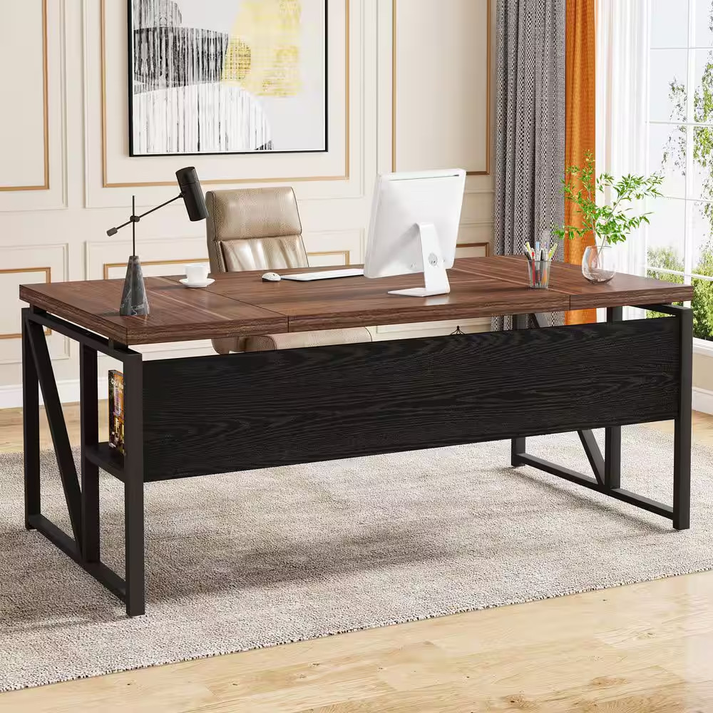 Moronia 62.9 In. Rectangular Deep Brown and Black Engineered Wood Computer Desk