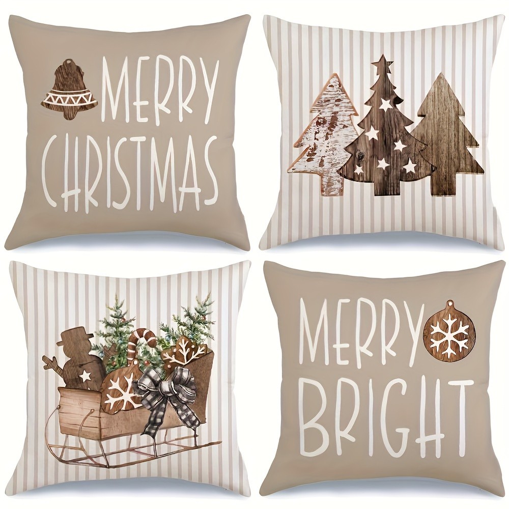 Cozy 4 Pack Farmhouse Christmas Pillow Covers Wooden Tree Sleigh Sofa Home Decor
