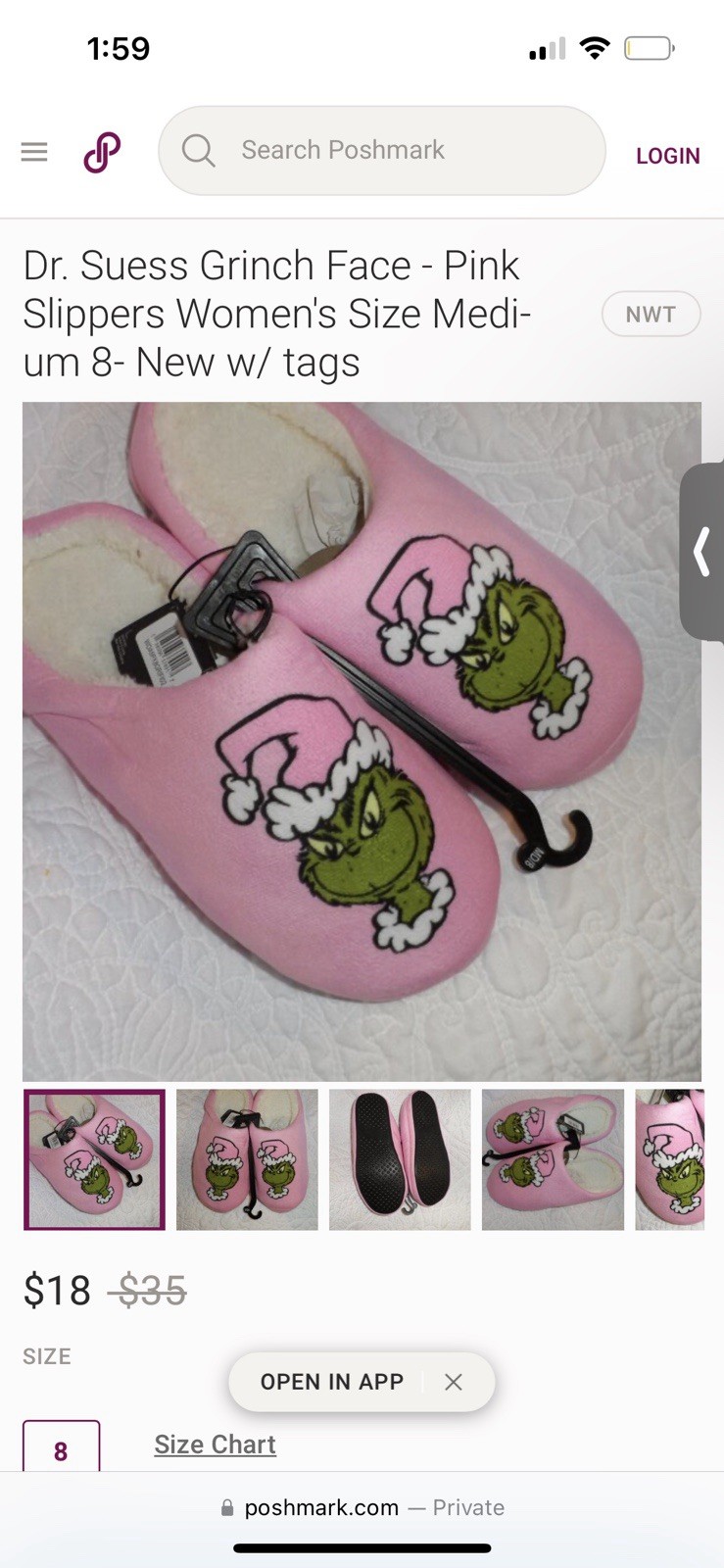 Dr. Seuss Pink Grinch Face Slippers Women's Sizes 8,10 Embroidered