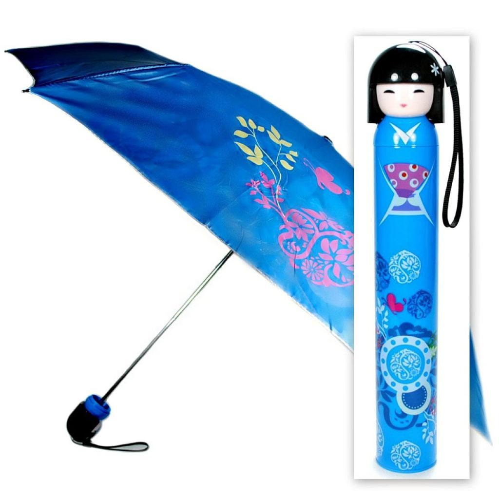 KOKESHI DOLL UMBRELLA Blue Folding w Hard Case Geisha Girl Japanese Lady China