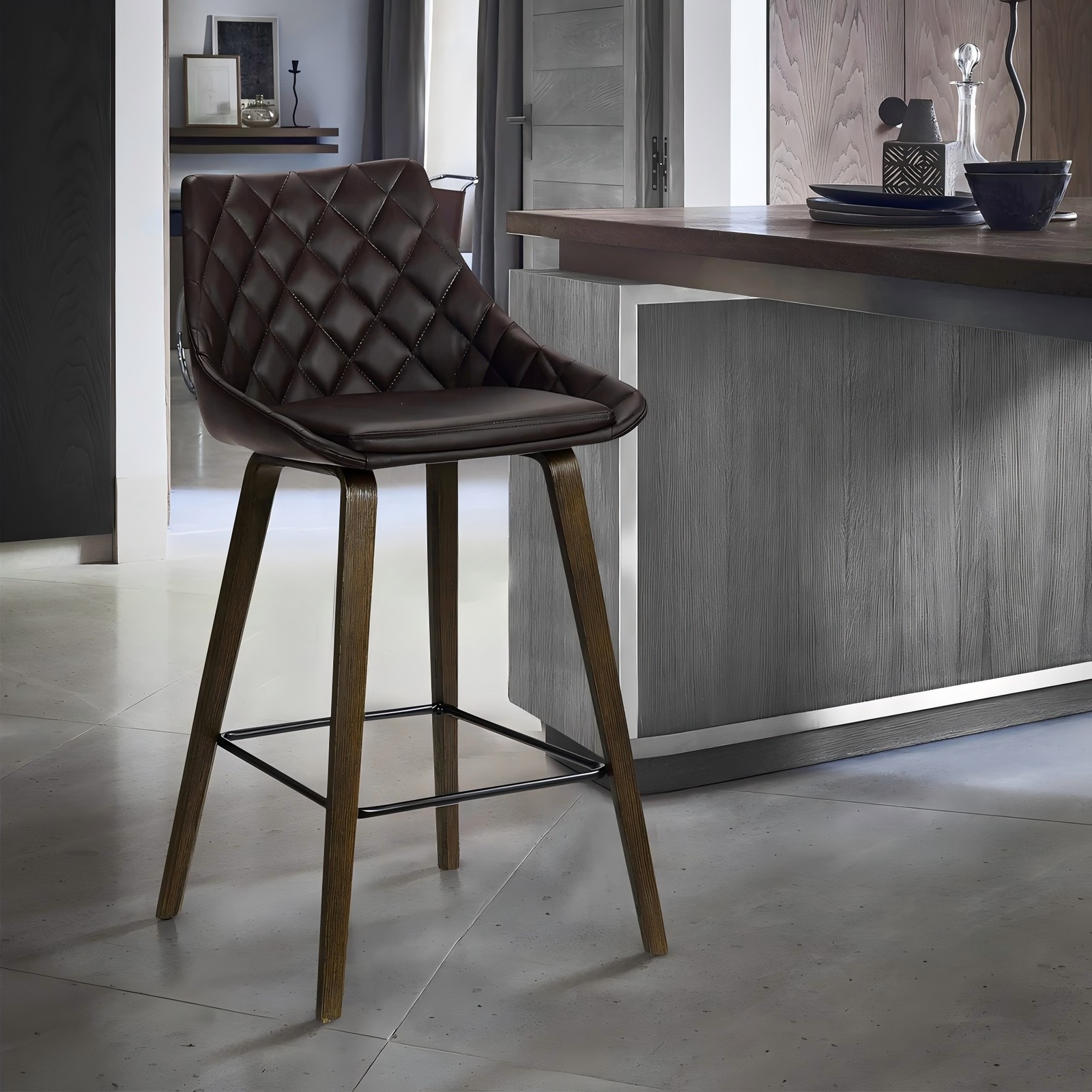 Inada 26" Brown Faux Leather Barstool Walnut Finish
