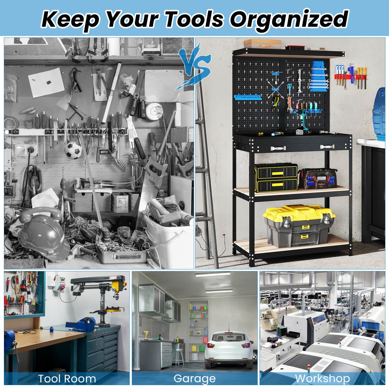 Multi-use Workbench with 2 Shelves Heavy-Duty Work Table Tool Storage Bench