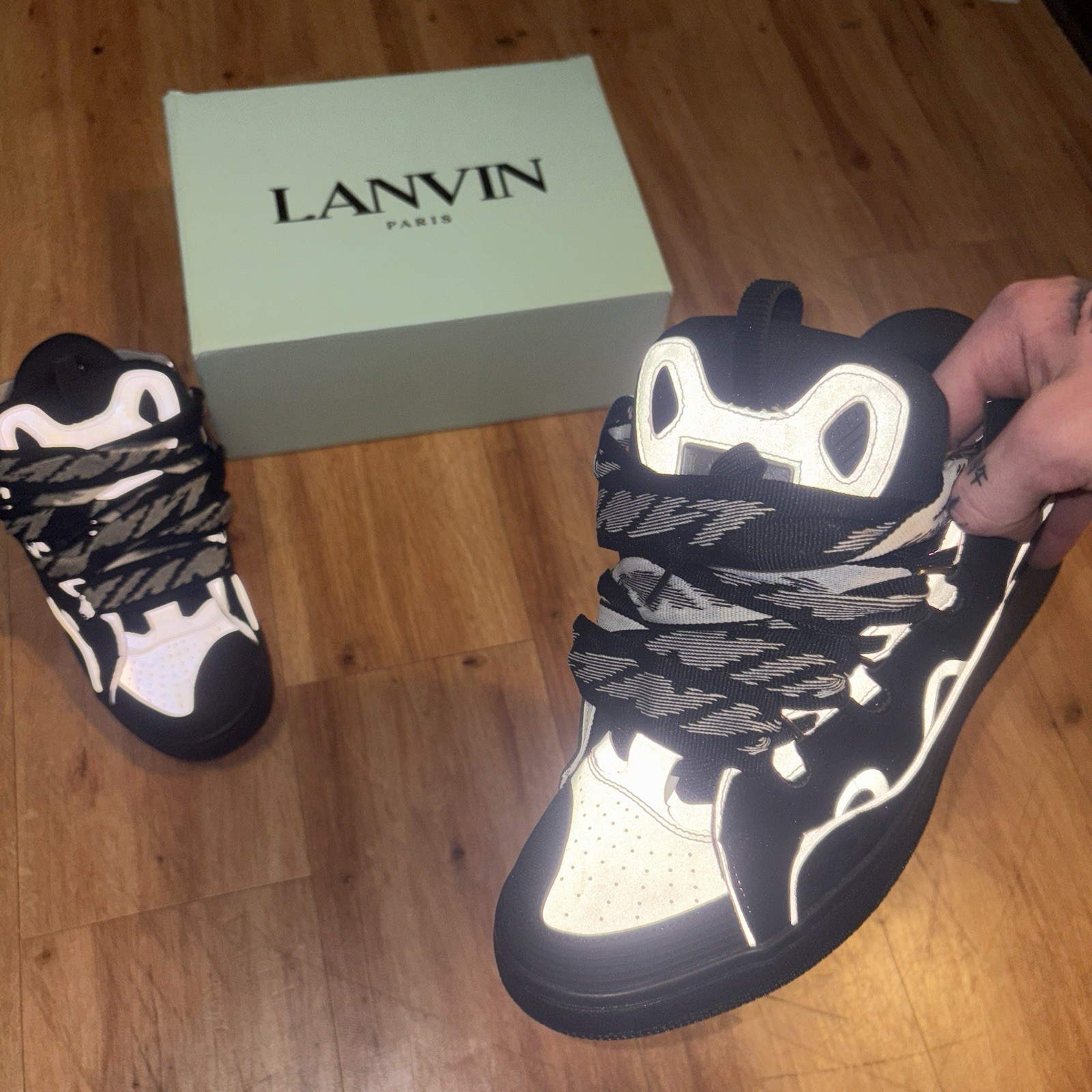 Lanvin Curb Reflective Padded Black White Men's Sneakers Lace Up Casual