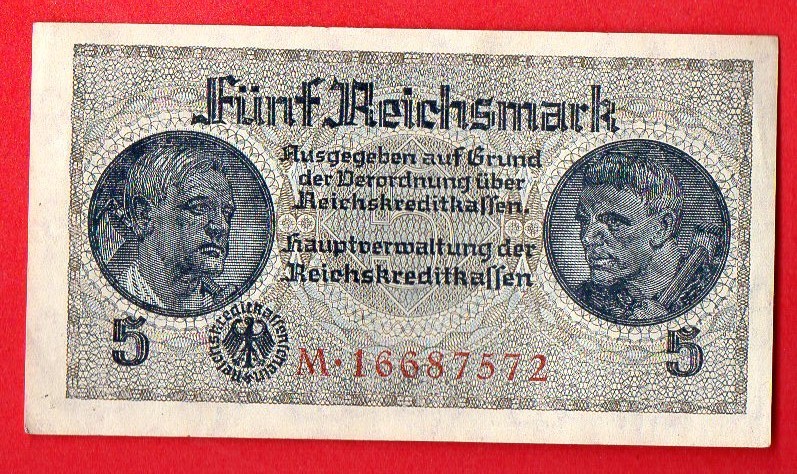 1940-1945 GERMANY LATVIA 5 REICHSMARK EAGLE W/H SWASTIKA aUNC 77