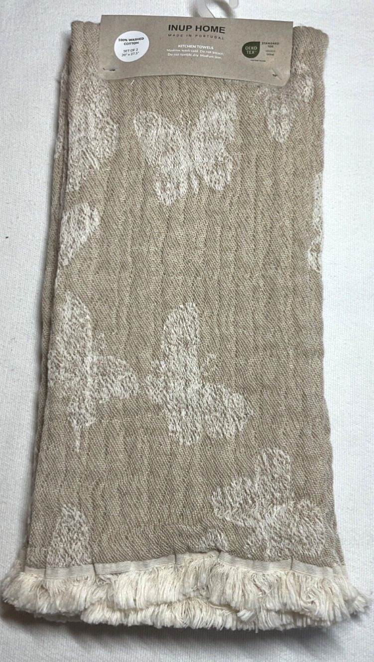 INUP HOME KITCHEN TOWELS (2) KHAKI BUTTERFLY 20 X 27.5 100% WASHED COTTON NIP