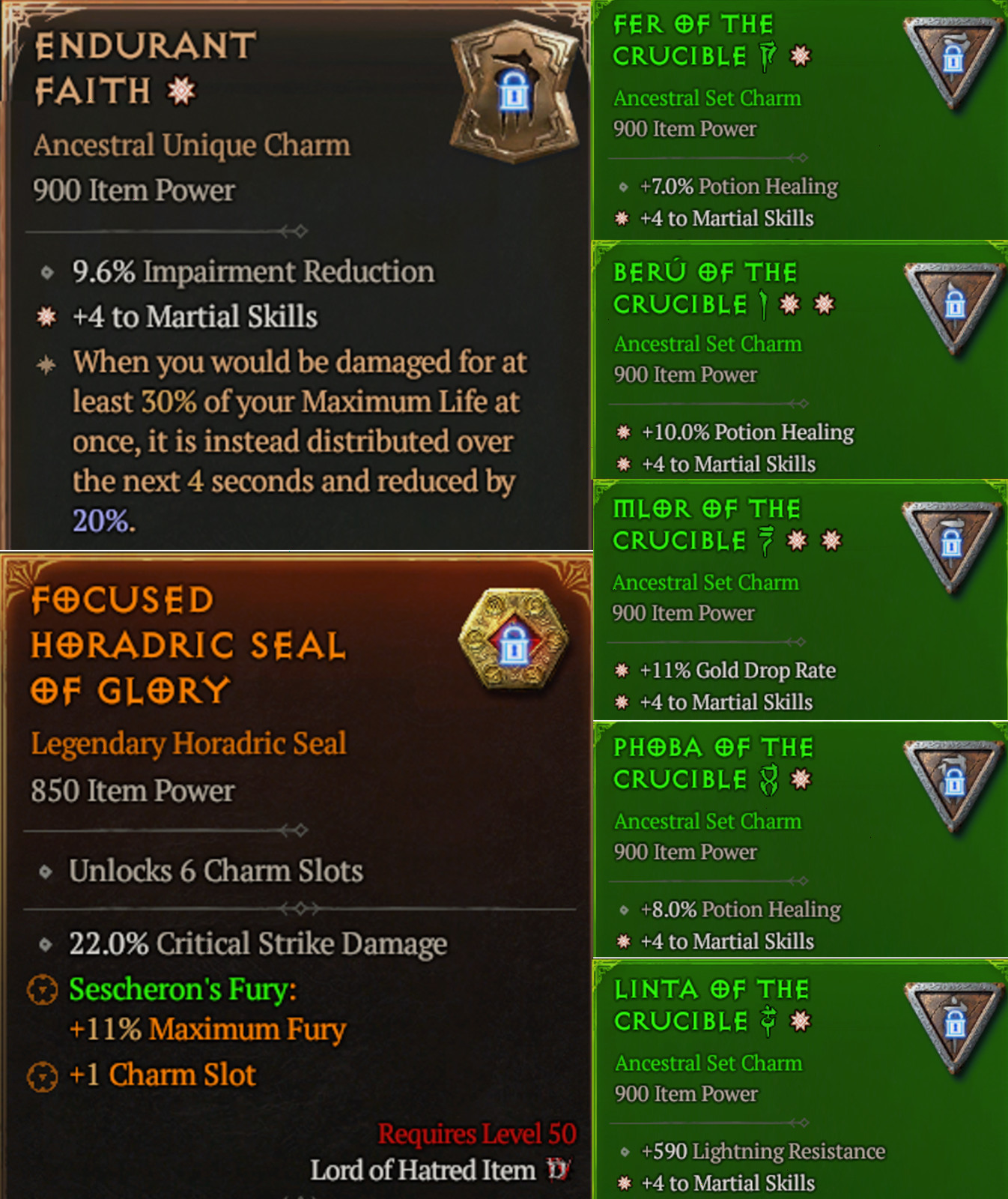S14 Charms Full Set of The Crucible + 24 (Martial Skills)
