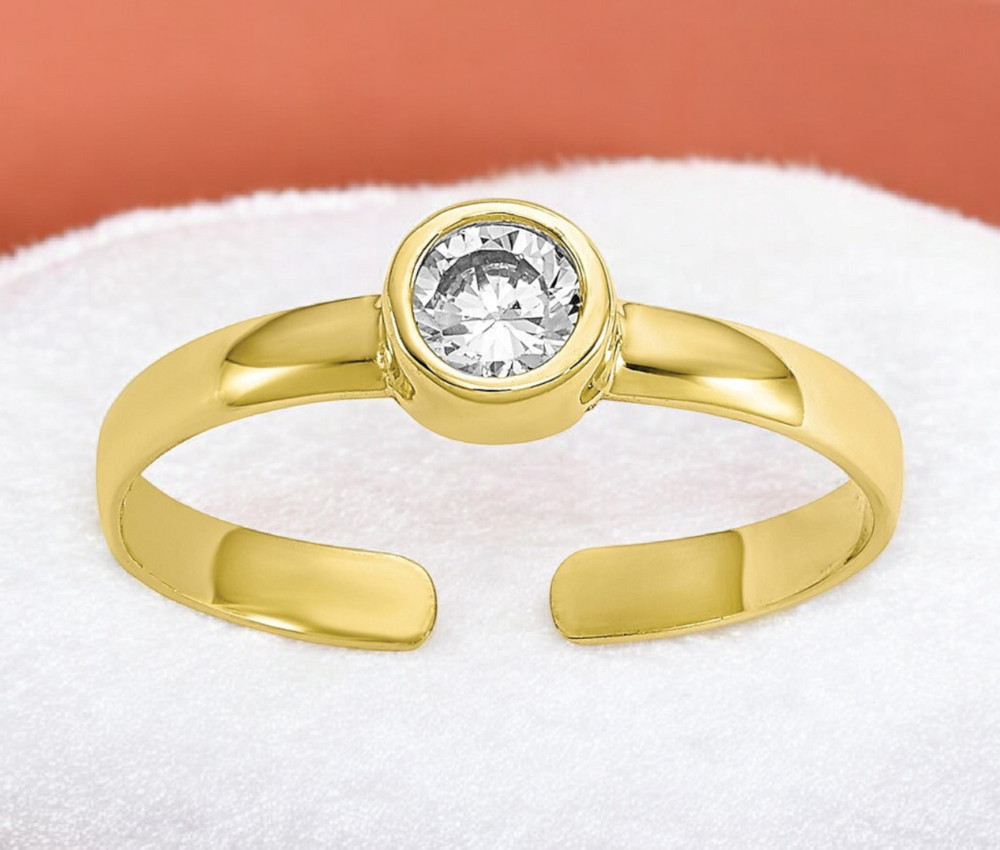 Solid 10k Yellow Gold Bezel Round Simulated Diamond Toe Ring - Toe Ring for
