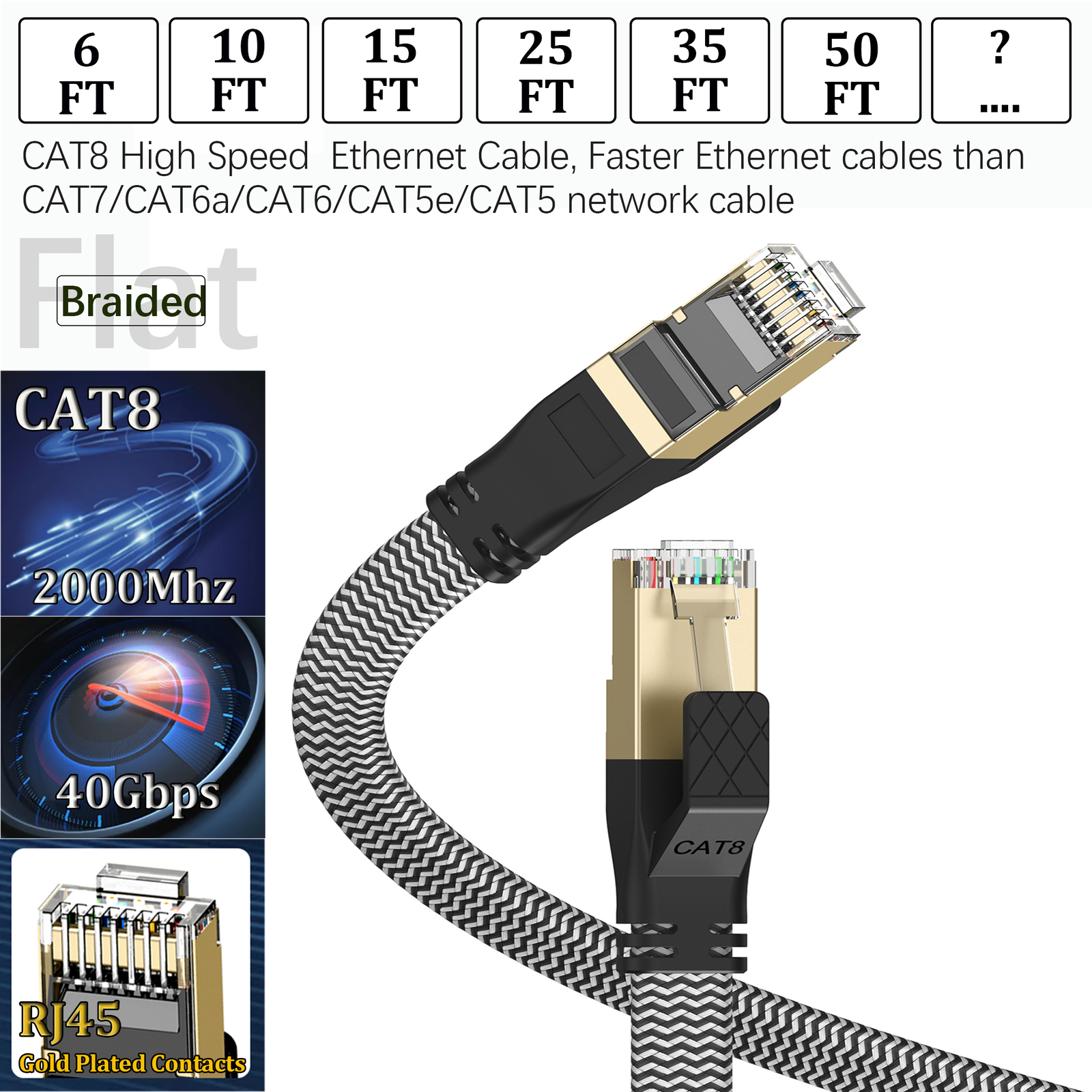 Braided 15-35FT Heavy Duty Cat8 Ethernet Cable 40Gbps/2000Mhz RJ45 Network Cord