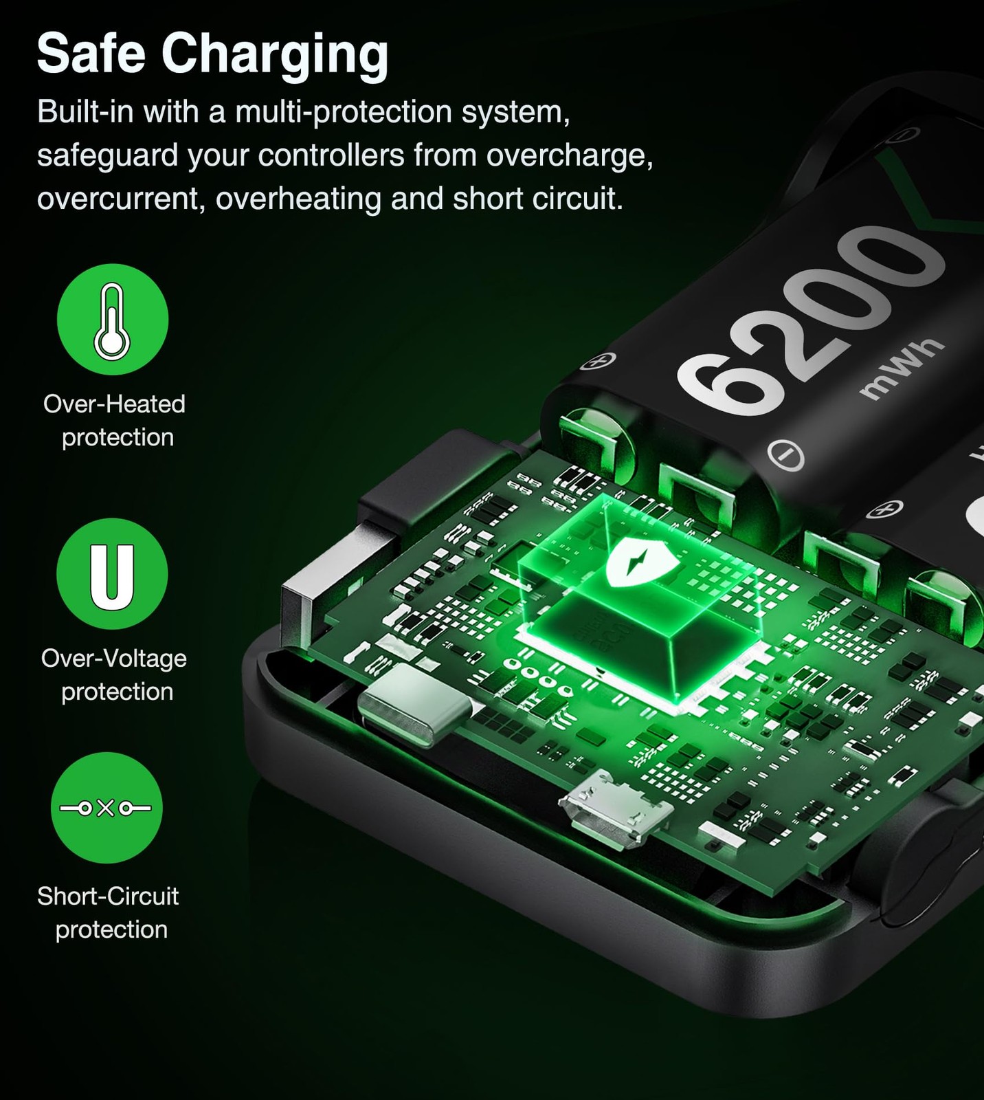 Rechargeable Xbox Controller Battery Pack - 6200mAh, 30H Playtime, Fast Charge