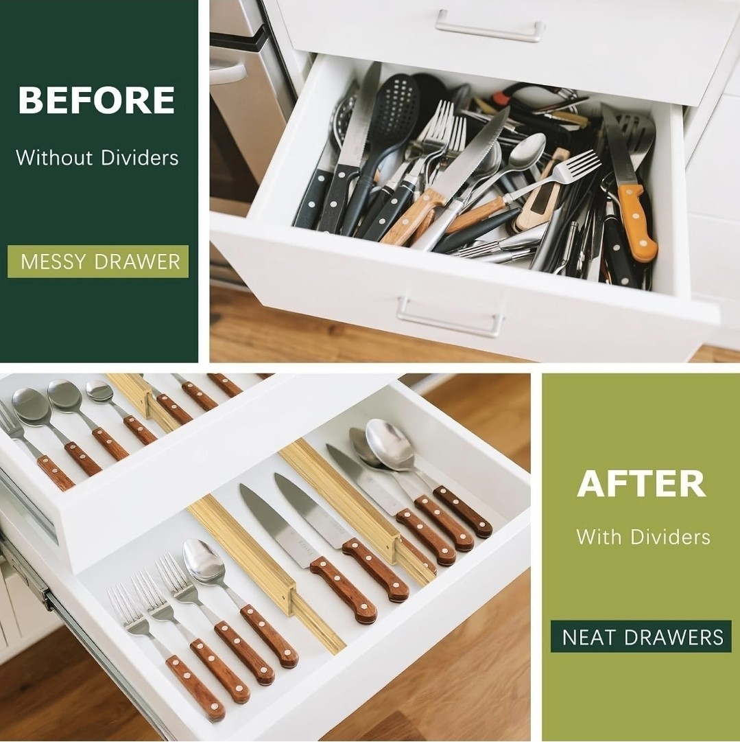 Bamboo Spring Loaded Adjustable Drawer Dividers 17-22in 6 Pack