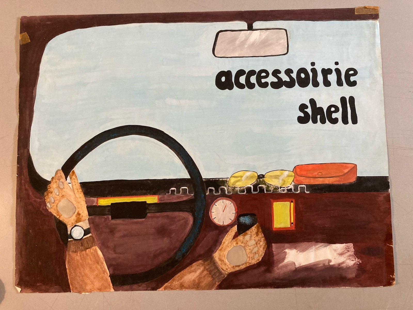 Gouache Painting Paper Car Shell Glove To Identify Drawing Brut Art 1970