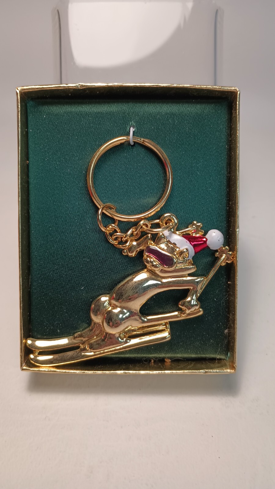 Christmas Cat Skiing Keychain Goldtone Vintage