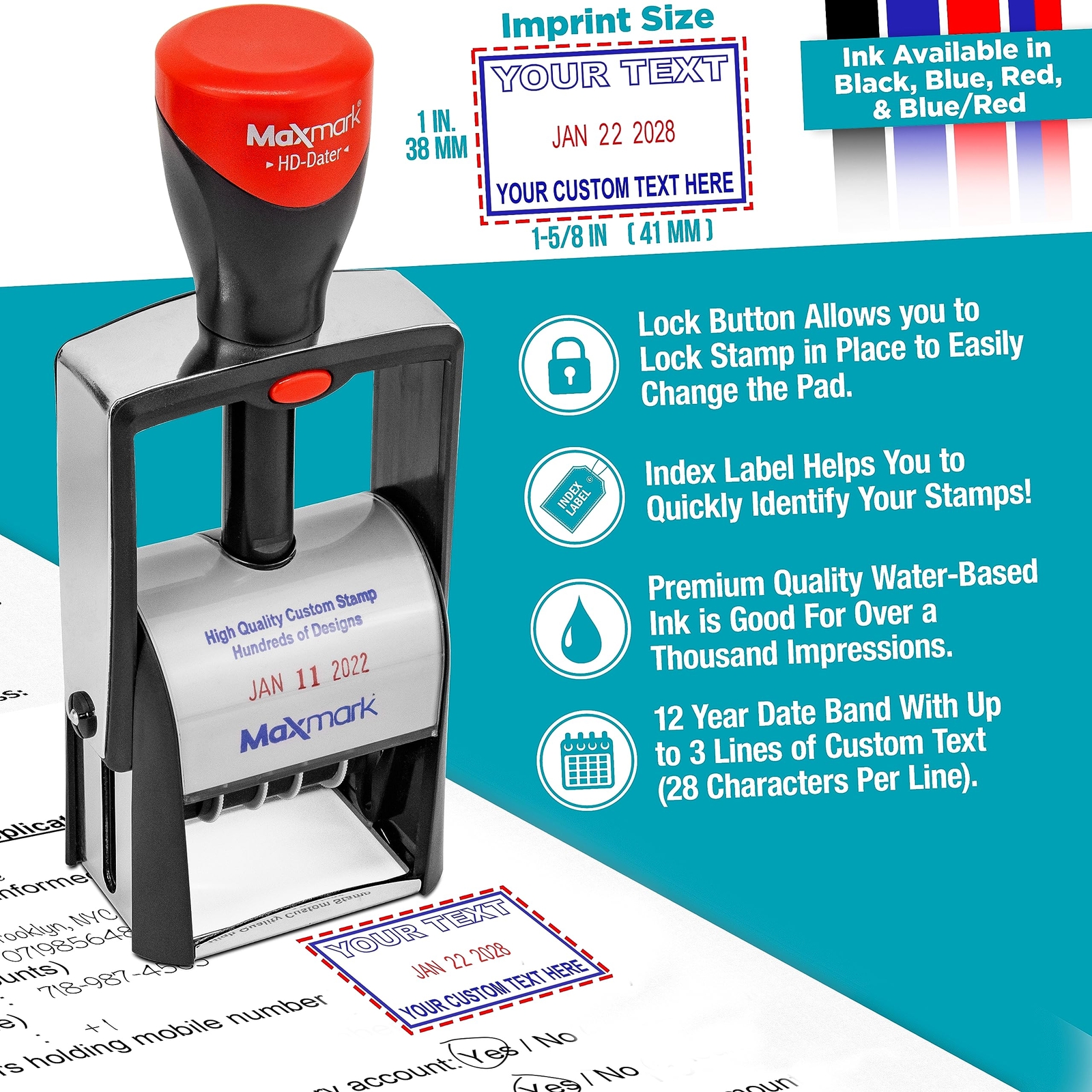 Heavy Duty Self Inking Date Stamp RECEIVED Phrase Red Ink