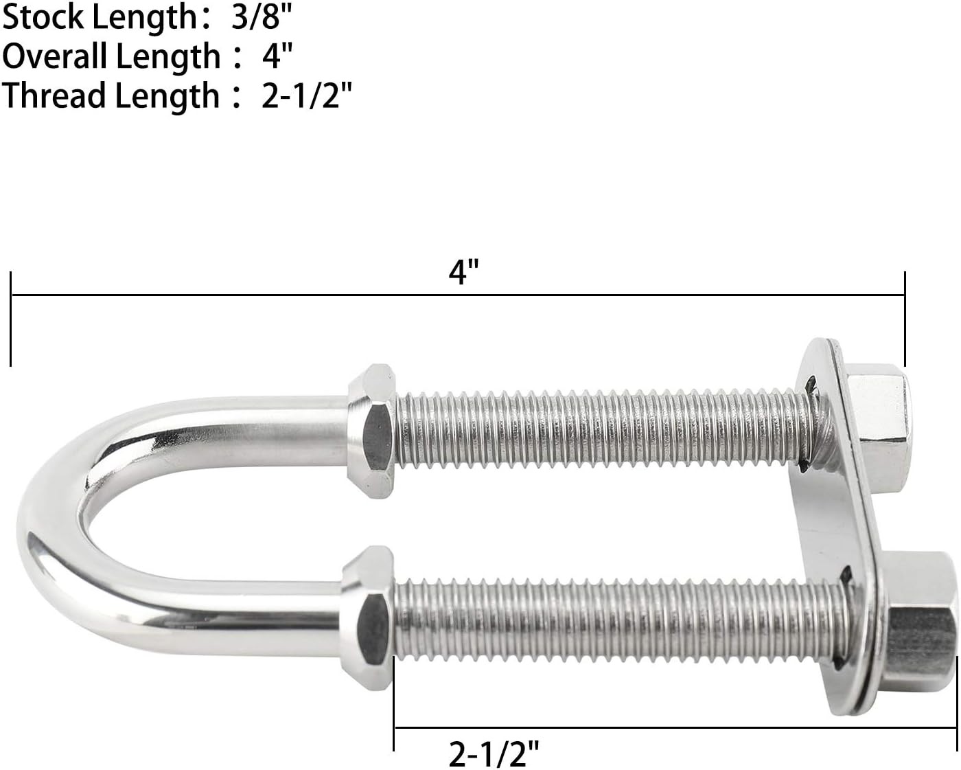 2 Pack Stainless Steel Bow Stern Eye Tie Down U Bolt w/ Nuts & Washers 4" Length