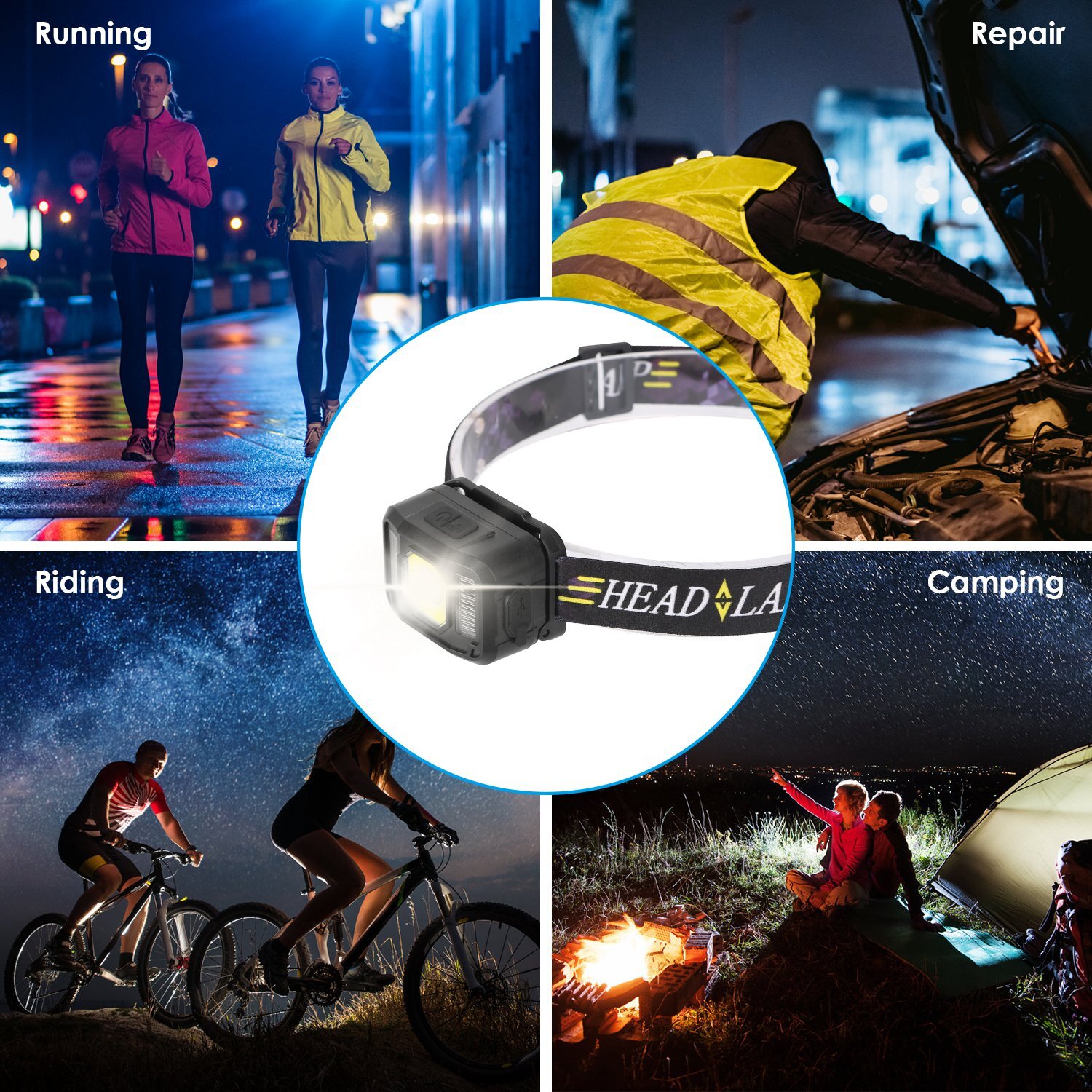 2PCS COB+LED Motion Sensor Headlamp USB Rechargeable Headlight Torch Flashlight
