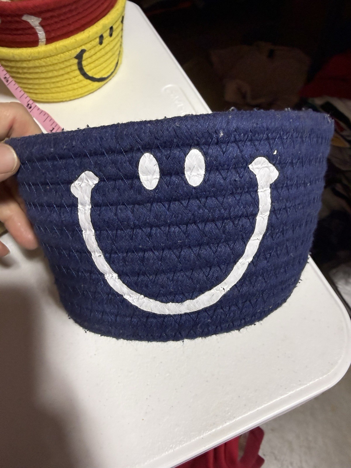 Blue White Round Smiley Face Freestanding Non-Lidded Storage Basket Bin 7x7