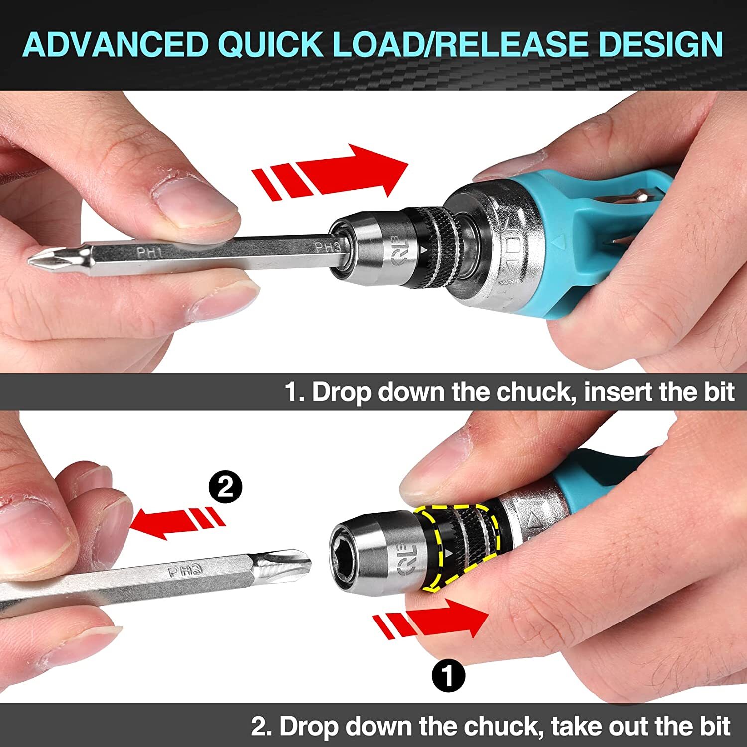 DURATECH 2PCs Ratcheting Screwdriver Set 12-in-1 Multi-bit Standard with Phillip