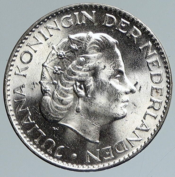 1965 NETHERLANDS Kingdom Queen JULIANA Vintage OLD Silver 1 Gulden Coin i111742