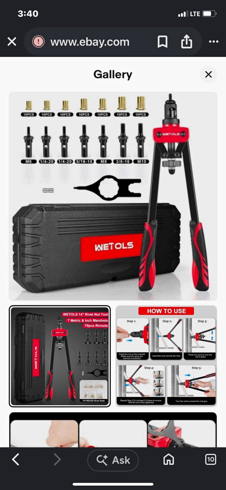 WETOLS 14in Rivet Nut Tool Kit Hand Riveter w/ 7 Mandrels 70pc Red/Black