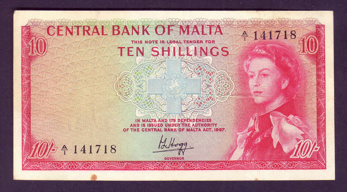 MALTA P-28. 1967 (1968) 10 Shillings.. Queen Elizabeth 11 Portrait..  F+
