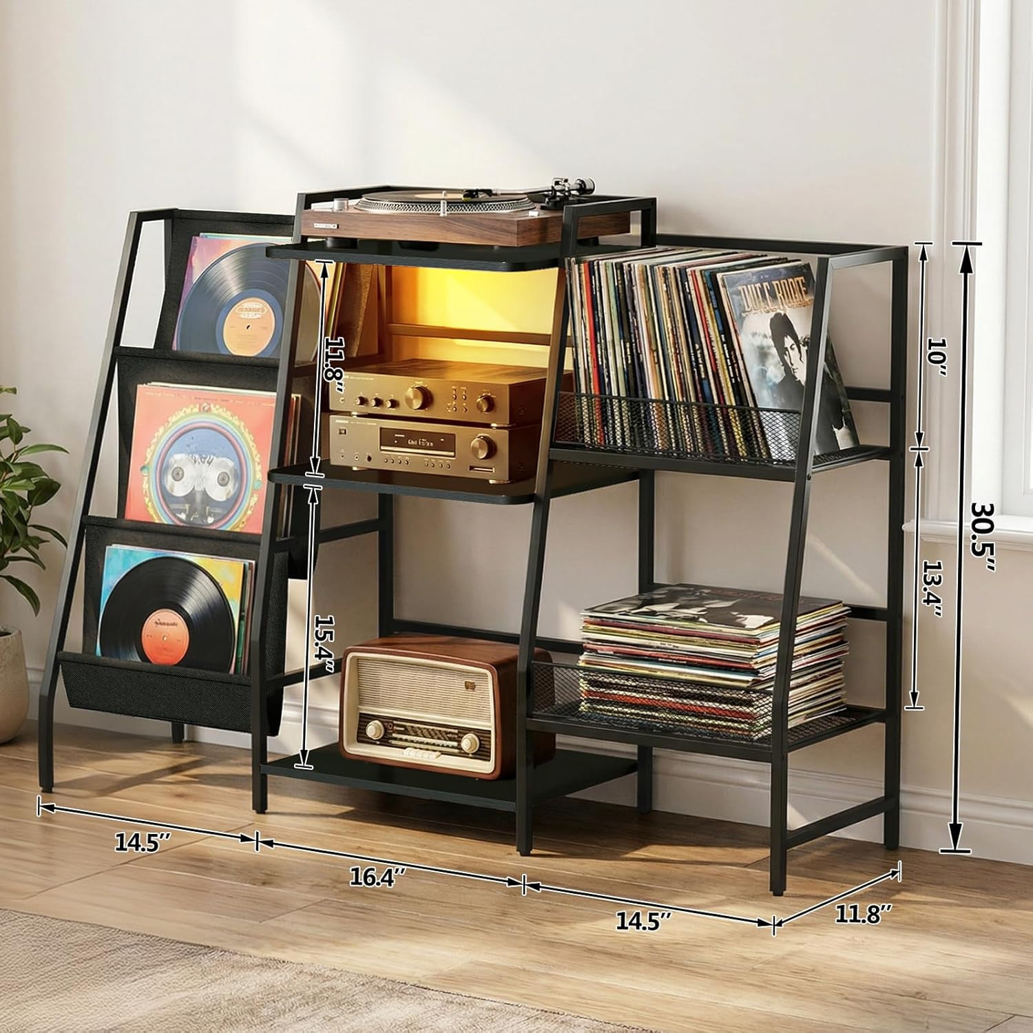 Record Player Stand with LED Lights, Record Player Table with Large Capacity Sto