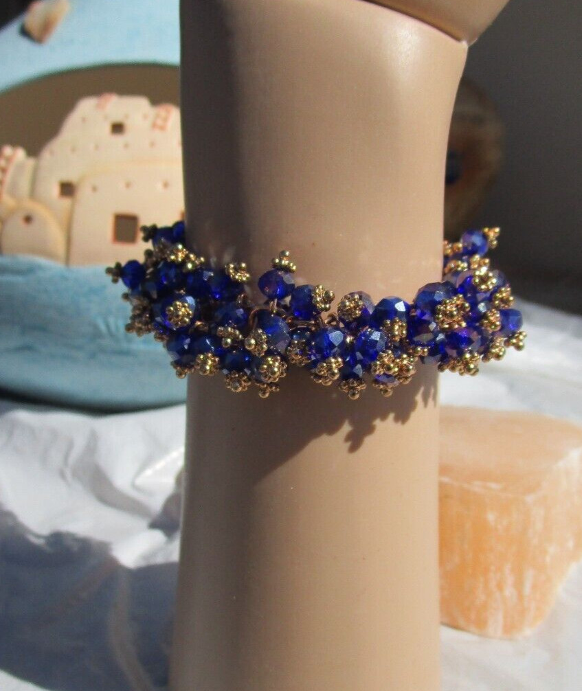 NEW blue gold cha-cha beaded dangles bracelet 6 1/2" magnetic clasp