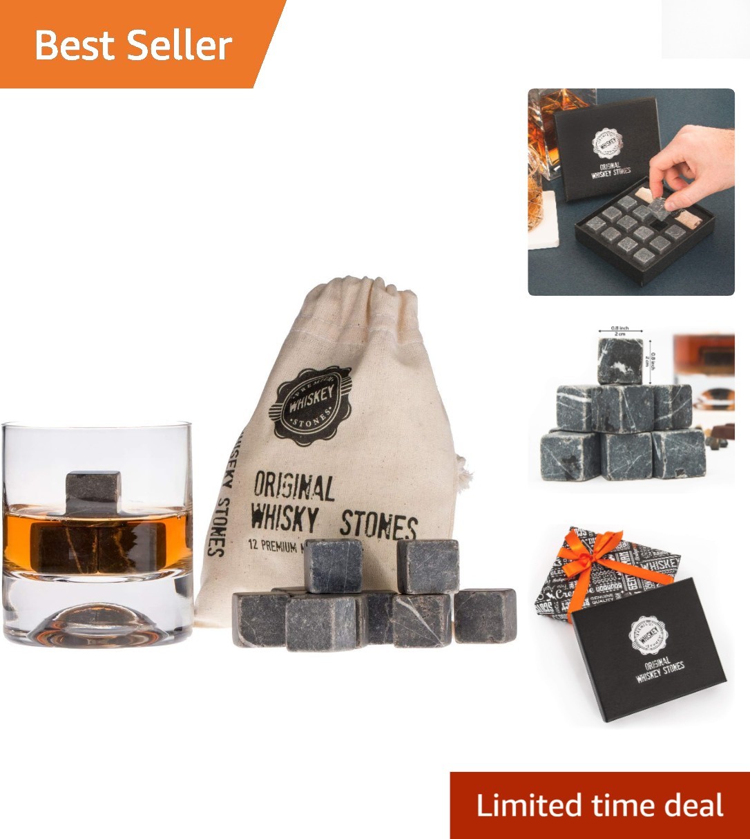 Luxurious Whiskey Stones Gift Set - 12 Natural Marble Ice Cubes & Storage Bag