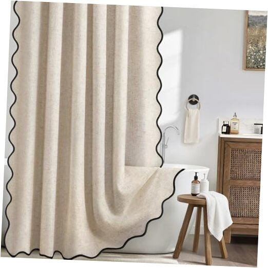 Linen Shower Curtain Beige Cute Black Scalloped 72" W x 72" L Scalloped-beige