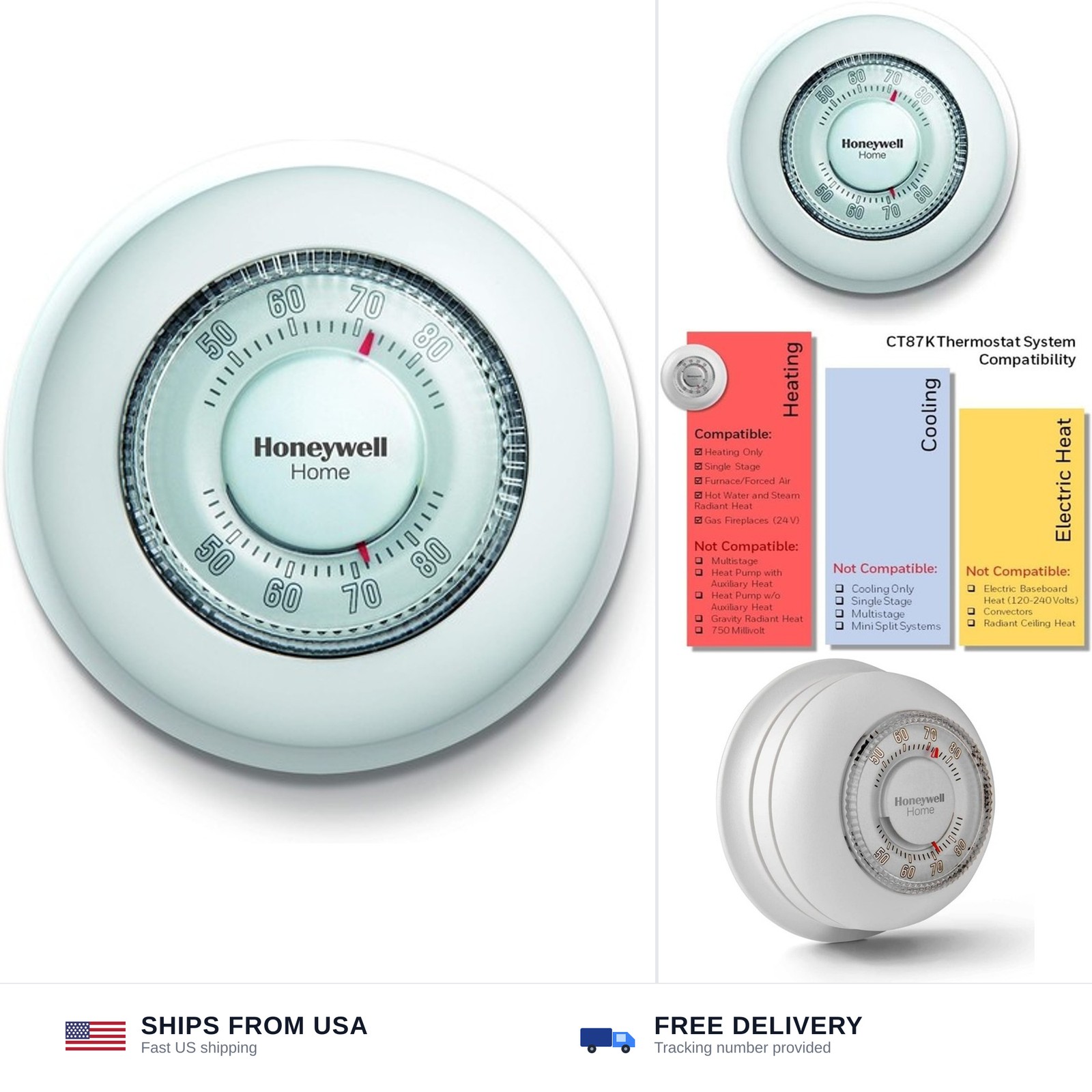 Honeywell Home CT87K1004 The Round Heat Only Manual Thermostat,Large,White,Large