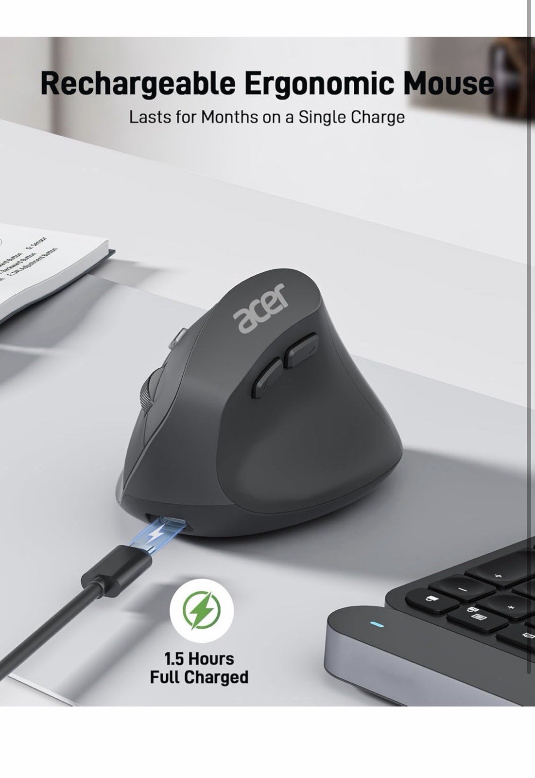 Acer Ergonomic Mouse Wireless, Adjustable DPI Vertical Mouse 1000/1200/1600