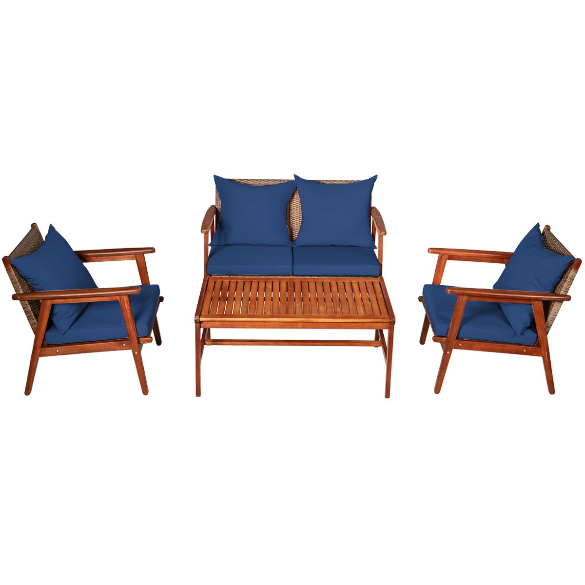 Patio 4PCS Rattan Furniture Set Acacia Wood Frame Cushioned Sofa Chair Navy