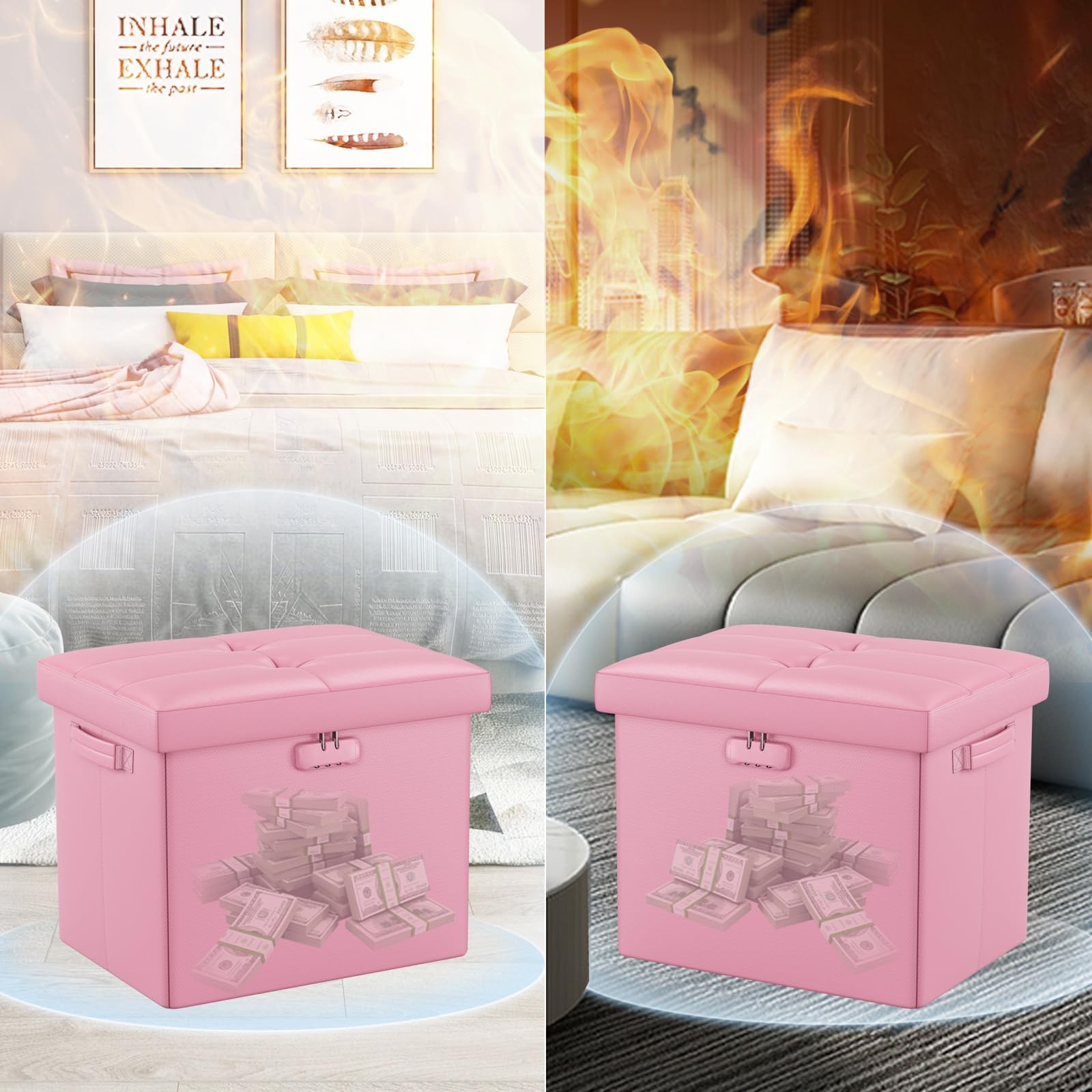 Storage Ottoman Foot Rest Stool Lock Folding Leather Bench Pink 17x13x13in New