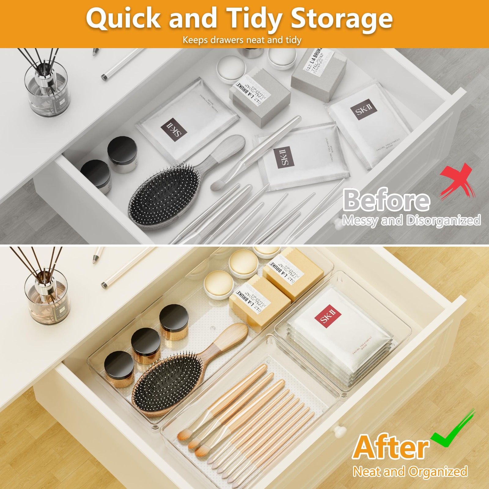 Clear Plastic Drawer Organizer Set for Kitchen, Bathroom, Office, Cosmetics &...