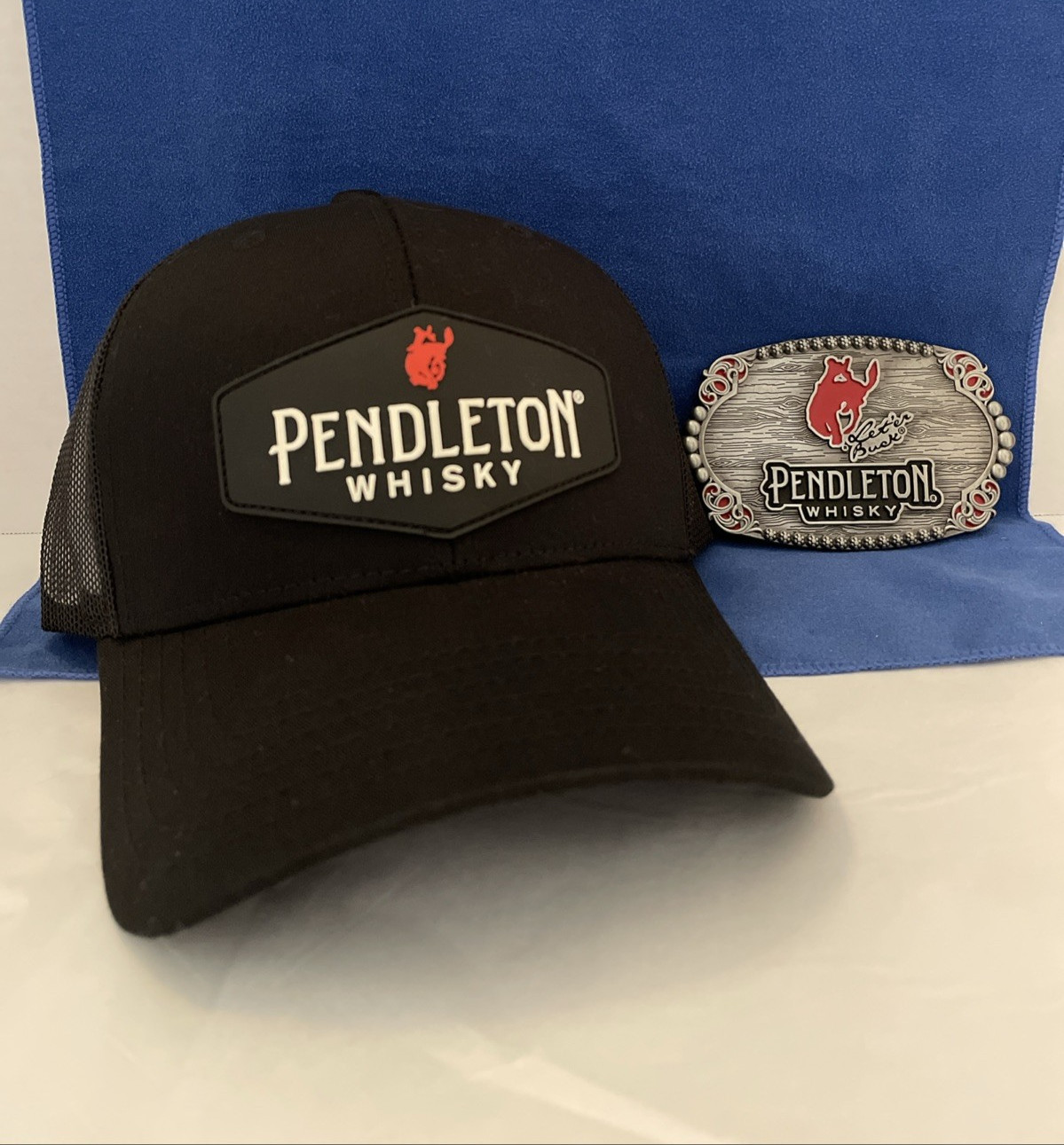 Pendleton Whiskey LET'ER BUCK Mesh Snapback Black Hat w/4" Metal Belt Buckle