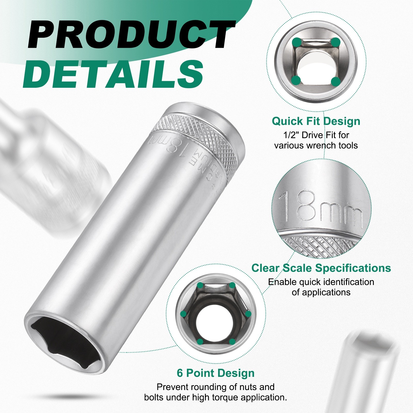 3pcs 6 Points Deep Socket 1/2" Drive 18mm Nickel Plating Hex Socket 3.1" Long