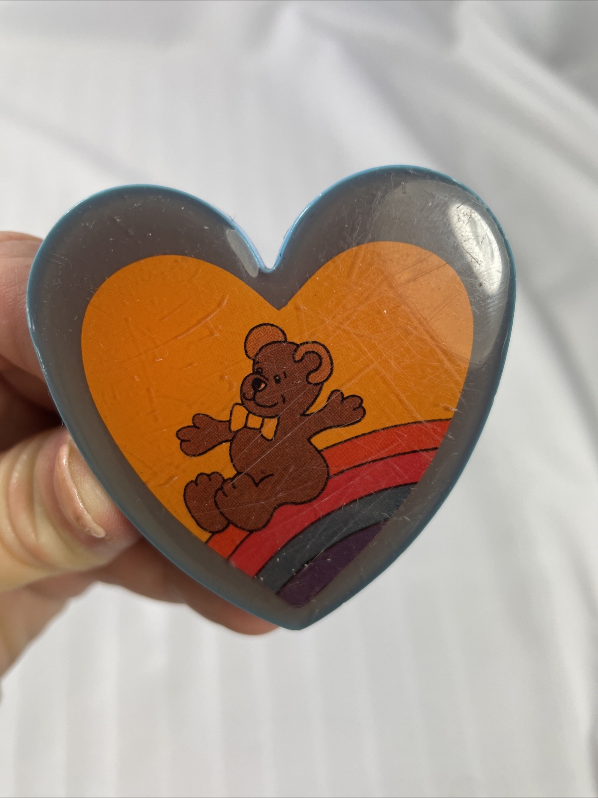 1980s heart box bear on rainbow 2" Blue lid opens