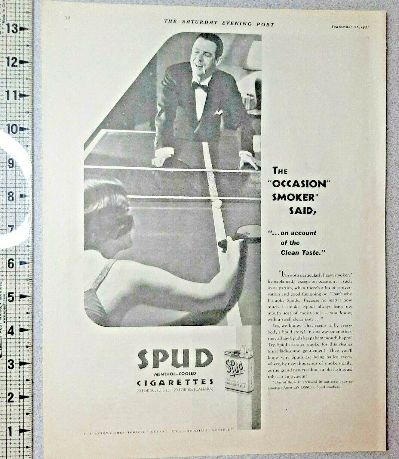 1931 Spud Cigarettes Vintage Print Ad Menthol Clean Taste Table Tennis Couple BW